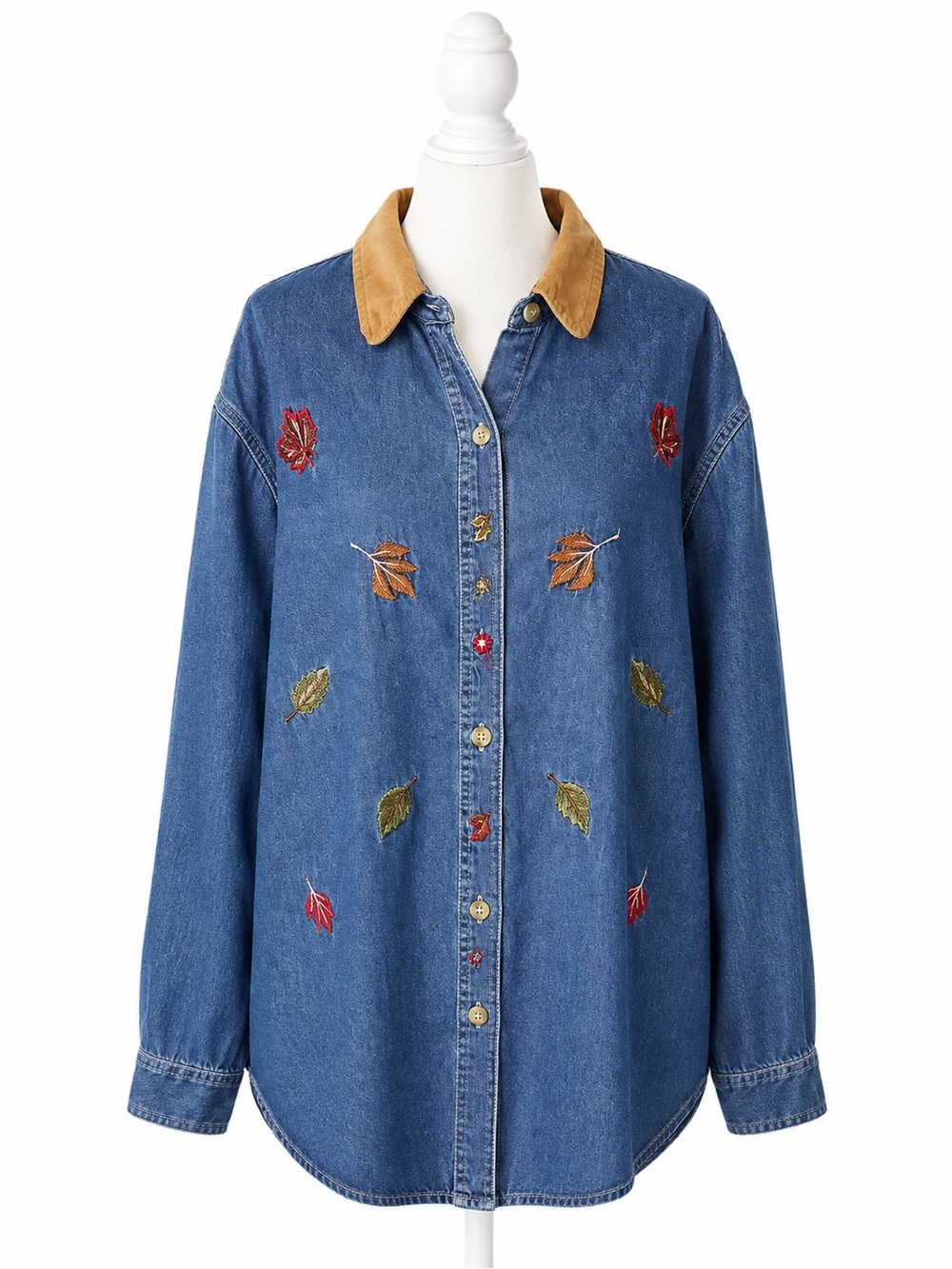 Denim Button-Up Shirt with Embroidered Leaves - Blue